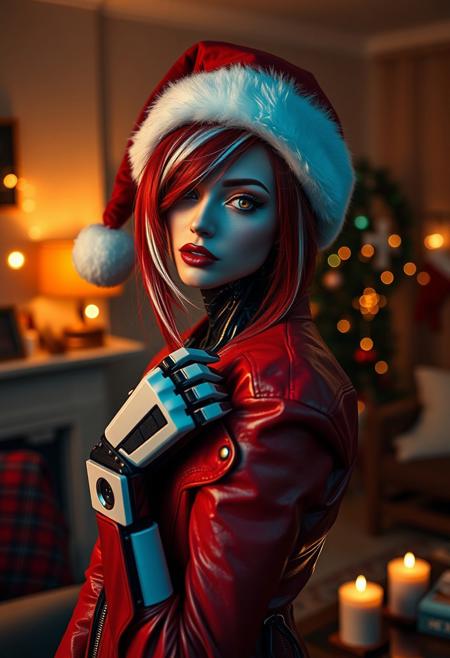Red haired robot woman posing in dark christmas living room, android, robot, red hair with white highlights, makeup, looking at viewer, christmas hat, red leather jacket, cozy, candles, candlelight, dim lights, christmas living room