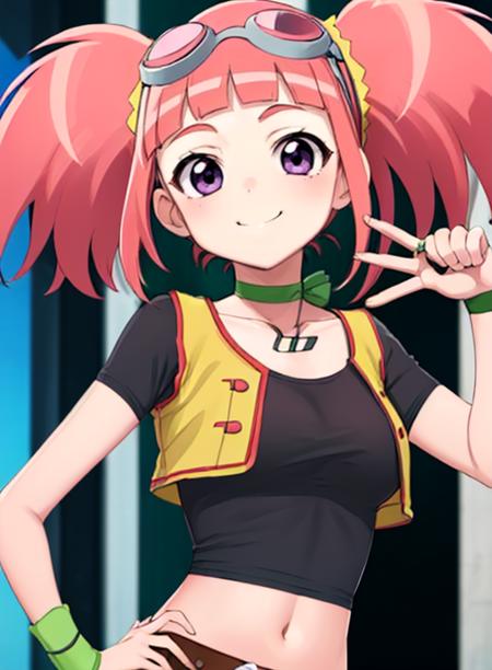 tatsuno malm, twintails, pink hair, goggles, purple eyes, goggles on head