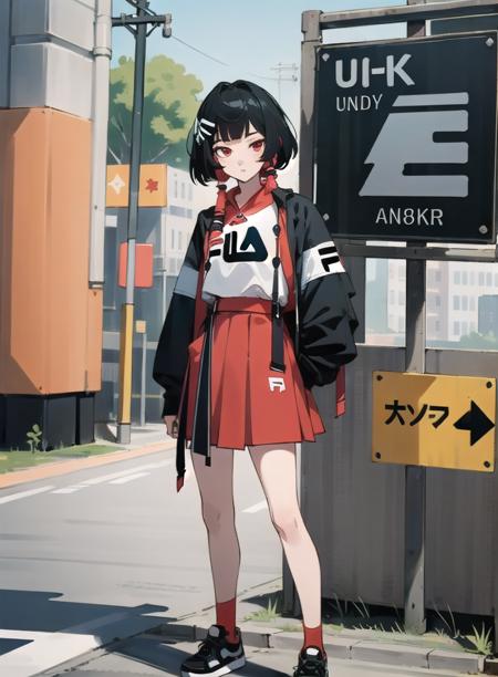 best quality, 4K wallpaper, masterpiece, extremely detailed CG unity 8k wallpaper, extremely detailed eyes, ultra-detailed, intricate details, 1girl, solo,red eyes, Fila outfit, shirt, hair ornament, skirt, shoes, looking at viewer, public, road sign, street park, street, <lora:clothingbrend:0.6>