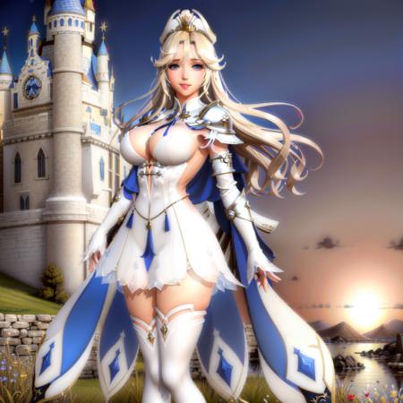 masterpiece, higres, best quality, blurry, sfw, wallpaper, fairy_tale, in front of the castle, fantasy castle, light, sun, standing, holding a skirt, wind, seaguls, front_view, Epona_(vindictus), long hair, looking at viewer, blue eyes, blonde hair, large breasts, thighhighs, gloves, dress, cleavage, cape, white dress, armor, high heels, white thighhighs, white footwear, shoulder armor, lips, capelet, white headwear, white skirt, warm smile, open mouth, happy, eyes half closed, looking at viewer,   lower brightness,    <lora:Epona2_lora-05:0.8>