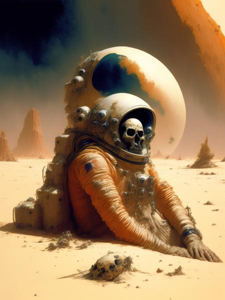 <lora:CraigMullins:1>astronaut dead in the sands of Mars, skull, bones, by John Berkey,