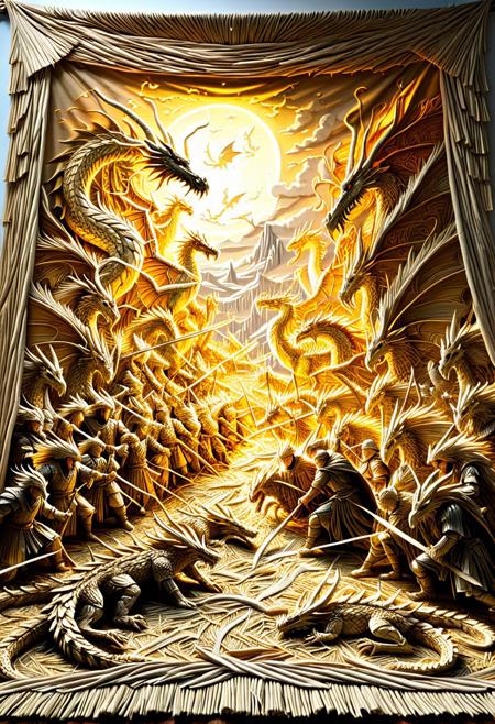 giant wall tapestry made of straw embroidery, depicting an epic battle between straw dragons and straw knights, hyper-detailed woven patterns, flowing straw threads, medieval fantasy folklore, fibers rustling gently in the wind, golden and earthy tones, ancient battle scene, dramatic lighting, glowing candlelight ambiance, artisan straw craftsmanship, mythical scene with fire and motion suggested in straw textures, cinematic composition, magical realism, trending on ArtStation and DeviantArt, ultra sharp, 8k fantasy concept art, hyperdetailed photography, trending on artstation, trending on devianart