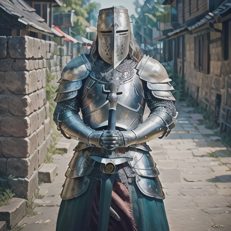 an heavyknight, standing in front  of medieval village, holding a mace,waering armor, tabar,  full-length photo, 70mm lens, symmetrical, posing, sharp, textured skin,  realistic,intricated detailed, detailed gauntlet ,(perfect fingers:1.2),  photographed by a Nikon Z7 II Camera,(high detailed armor:1.2),8k uhd,  <lora:heavyknight:0.8>