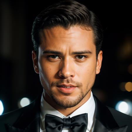 face portrait of andresmercado person using a tuxedo, in blade runner, professional photography, high resolution, 4k, detailed photo,  <lora:andresmercado_10800:1>