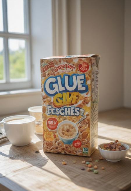 Photograph of glue flavoured cereal!, a box of glue cereal is opened with the word "GLUE!" clearly seen printed on the box of glue flavoured cereal, it is on a breakfast table with milk, coffee, and a bowl of glue flavoured "GLUE!" cereal!, sun is shining through the window
:BREAK:
((Perfect photograph, strong fisheye-lens photograph (intense fisheye-view photograph), strong bokeh, cinematic photograph, experimental angles, experimental lighting, intricately detailed, very detailed background, realisticvision-negative-embedding, epiCRealism ))