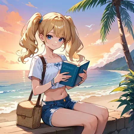 Sitting, holding book two-handed