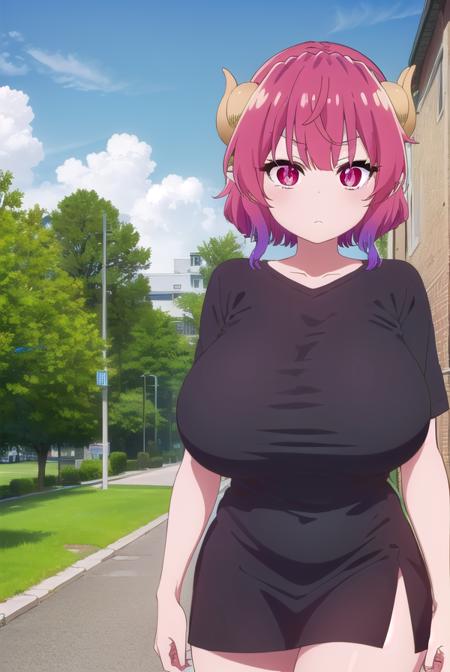 dragonilulu, <lora:dragon ilulu s2-lora-nochekaiser:1>,
ilulu, curled horns, horns, long hair, multicolored hair, purple hair, (red eyes:1.5), red hair, (slit pupils:1.5), (huge breasts:1.2),
BREAK black shirt, (long shirt:1.5), black thighhighs, collarbone, shirt, short sleeves, thighhighs, wide sleeves, zettai ryouiki,
BREAK outdoors, park, trees, sky, clouds, sun,
BREAK looking at viewer, (cowboy shot:1.5),
BREAK <lyco:GoodHands-beta2:1>, (masterpiece:1.2), best quality, high resolution, unity 8k wallpaper, (illustration:0.8), (beautiful detailed eyes:1.6), extremely detailed face, perfect lighting, extremely detailed CG, (perfect hands, perfect anatomy),