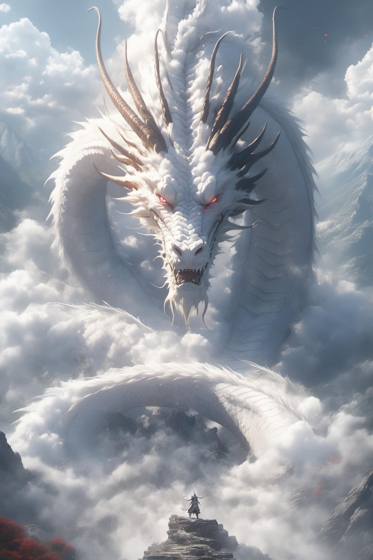 The image features a large, white dragon with red eyes, sitting on top of a mountain. The dragon appears to be angry, as it has its mouth open and is surrounded by clouds. The scene is quite dramatic and captivating, showcasing the dragon's powerful presence in the landscape.
