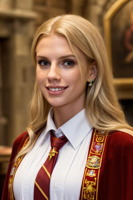 Professional photograph of a wizard woman, (up close portrait) she's 28 years old, she's <lora:charlottemckinney:0.6> charlottemckinney, she is wearing a black wizard's robe, hogwarts style. Shes' got blonde hair combed to the sides. She's nerdy. She's smiling at the viewer, standing in (Hogwarts) - beautiful common room, it's a large living room with wood furniture, a fireplace, paintings on the walls, and red velvet carpet on the ground. (She's wearing a dark robe with a white shirt) she's wearing a (striped red and gold tie). She's tall and pretty, freckled, and has a toothy smile. Looks like a nerd. 8k, masterpiece, highest quality, fantasy genre. (She's from Gryffindor.) harry potter genre. Bokeh, contrasting colours, warm lighting, British school scene, highest quality