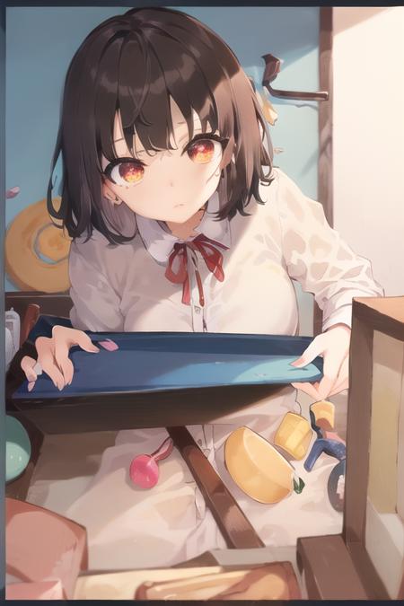 masterpiece, tama5 a girl with brown eyes and a white shirt and a background of objects and objects, 1girl, bangs, black_hair, border, closed_mouth, cosmetics, head_rest, looking_at_viewer, portrait, short_hair, solo, dynamic shot, <hypernet:myhands_22k:0.75> <lora:tama5:1>