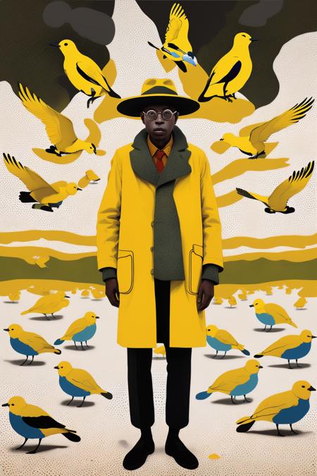 a man in a yellow raincoat standing in a group of birds , Harmonious_Dreamer