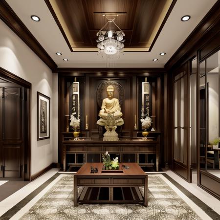<lora:JJsChinese_ Buddhist_Temple:.7>, ((Chinese Buddhist Temple)),statue, indoor, detailed face, ceiling light, floor, window, door, column, table,
((best quality)),((masterpiece)),((realistic)), , photorealistic, (Archviz), scenery,  real world location, tree,flower , <lora:add_detail:.8>