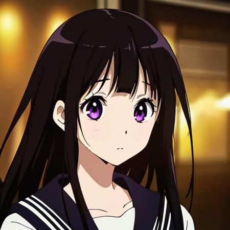 <lora:Chitanda:0.8>, (masterpiece:1.1),(bestquality:1.2), highres, original, extremely detailed wallpaper, official art, facing the lens, 1girl, skinny, purple eyes, black hair, beautiful detailed eyes, medium breasts, bishoujo, cute face, serafuku, hdr, blurry background