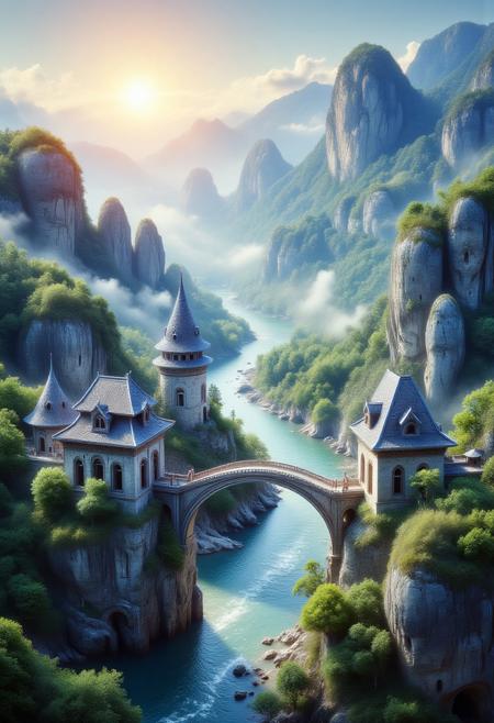 towers ringed in mist, sunrays, mixed media, surrealism, fantasy, great lighting, A surreal landscape highly detailed, extremely high-resolution details, appears trapped in an optical illusion of reflections and refractions colorful, Zhangjiajie mountains,  Vienna in contemporary Austria, stone bridges, winding rivers extending to the horizon, professional photography, natural lighting, volumetric lighting maximalist. vivid, vibrant colors, intricately detailed, complex, elegant, expansive, fantastical, film photography style, medium grain, cmnt
 (8k uhd:1,4)