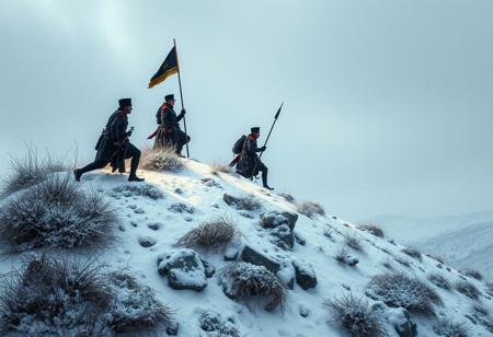 3 napoleonic war style cavelrymen on a hill covered in snow