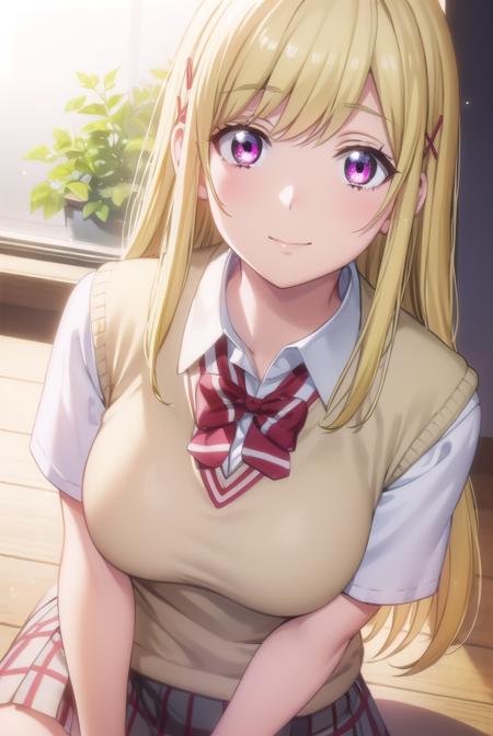 urarashiraishi, <lora:urara shiraishi s1-lora-nochekaiser:1>,
urara shiraishi, long hair, blonde hair, (pink eyes:1.3), hair clip, x hair ornament, smile,
BREAK skirt, bow, school uniform, jacket, plaid, plaid skirt, sweater vest, shirt, white shirt, collared shirt,
BREAK indoors, classroom,
BREAK looking at viewer,
BREAK <lyco:GoodHands-beta2:1>, (masterpiece:1.2), best quality, high resolution, unity 8k wallpaper, (illustration:0.8), (beautiful detailed eyes:1.6), extremely detailed face, perfect lighting, extremely detailed CG, (perfect hands, perfect anatomy),