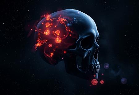 photorealistic dark skull-shaped cosmic nebula with hues of black, orange, blue, and purple, and 6 diffraction lines on stars