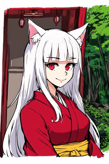 masterpiece, best quality, white hair, blunt bangs, long hair, sidelocks, cat ears, red eyes, smile, medium breasts, white kimono, red skirt, arms behind back, upper body, portrait, forest, shrine