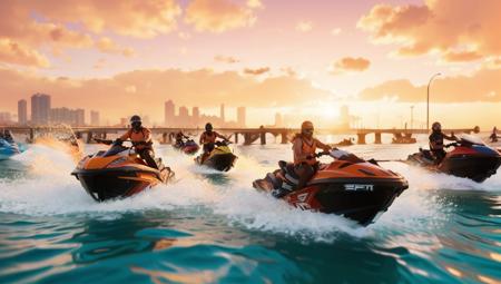 Picture an exciting jet ski race happening off the coast of Del Perro Pier, with racers speeding through the water and spectators cheering from the shore, official art, masterpiece, best quality, unity 8k wallpaper, ((photorealistic0.8)), ultra detailed, extremely detailed, elegant, aesthetic,(((orange sunshine))), style of  gta689 <lora:Loragta689:0.7>