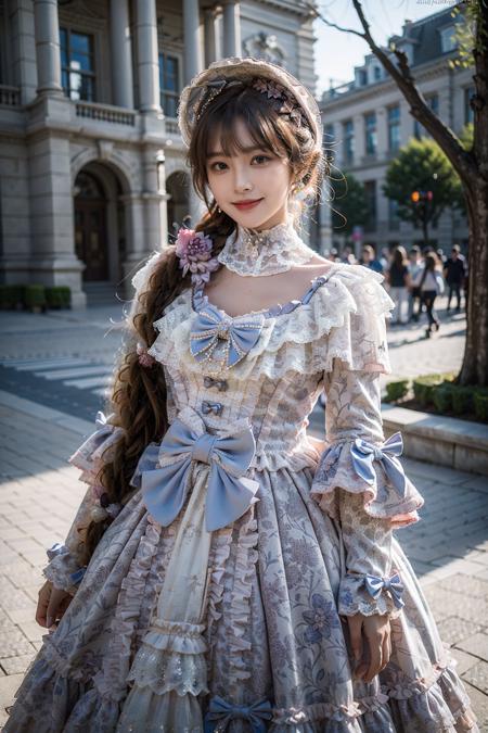 best quality, masterpiece, photorealistic, 1girl, solo, cowboy shot, standing, long black straight hair, blunt bangs, looking at viewer, smile, lo dress, long dress, layered dress, choker, bow, long sleeves,  <lora:lo_dress_vol2_style7_v2:0.65>