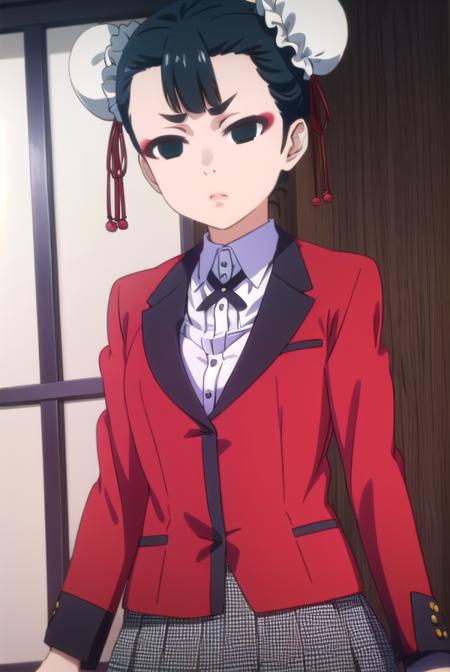 miriyoubami, <lora:miri youbami s2-lora-nochekaiser:1>,
miri youbami, short hair, bangs, black hair, hair bun, (black eyes:1.5), double bun, makeup, empty eyes, bun cover,
BREAK skirt, shirt, school uniform, jacket, white shirt, pleated skirt, collared shirt, black skirt, blazer, (red jacket:1.5),
BREAK indoors, classroom,
BREAK looking at viewer, (cowboy shot:1.5),
BREAK <lyco:GoodHands-beta2:1>, (masterpiece:1.2), best quality, high resolution, unity 8k wallpaper, (illustration:0.8), (beautiful detailed eyes:1.6), extremely detailed face, perfect lighting, extremely detailed CG, (perfect hands, perfect anatomy),