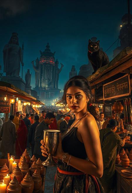 Setting is ancient Indian street market at night, ((all writing is in Indian)), ((all lighting is by candles, and flame torches,  the market is comprised of street vendors selling food, weapons, and clothing. People wearing Ancient Indian clothing are walking through the street market shopping and eating, A sleek black cat with red collar sits on a nearby wooden roof at a market kiosk. Behind the a kiosk counter are clay containers of Indian beer, (((a beautiful woman, 24 years old, is standing in the foreground facing the viewer with a metal goblet of beer in her hand. Her eyes are beautiful and focused on the viewer, she has an expression of interested curiosity))), the woman is dressed in Ancient Indian style clothing combining a sexy and classic Ancient Indian aesthetic. Enormous Ancient Indian statues and temples are visible in the background and around the scene and smaller statues and Ancient Indian architecture is prevalent in the market, The woman's hair is elegantly tied up with a ribbon. Artistic Ancient Indian aesthetic, dynamic perspective, (((overall architectural aesthetic is Ancient Indian))).  Epic image that elicits a feeling of wonder and awe,