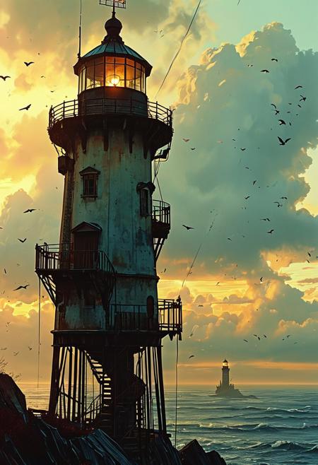 linquivera, Ink illustration, (anime:0.5), muted watercolor tones, aged paper texture, inkpunk, VHS screen grab, grainy, old footage style, dark fantasy, a towering mechanical lighthouse suspended mid-air above a misty ocean of clouds, flickering runes spiraling faintly around its base, warm but flickering golden light leaking from cracked windows, distant shadowy mountains barely visible through static and haze, a lone silted voluptious red haired figure standing on the edge of a rickety platform, fabric whipping in a cold wind, atmosphere heavy with eerie calm and looming dread, twilight sky streaked with washed-out amber and violet, slow drifting crows, OverallDetail, extremely detailed, UHD, (long exposure, haunting surrealism filtered through grainy VHS distortion:1.4