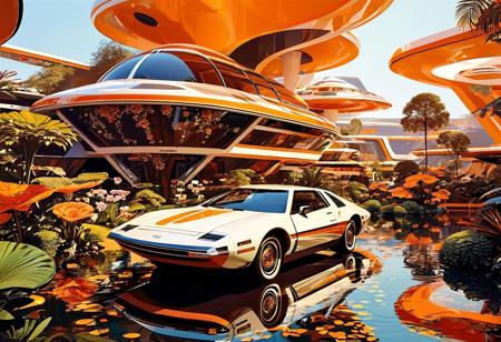 ((70's retrofutursim with Syd Mead art style)), Step into a world where technology and innovation intertwine with the groovy aesthetics of the 70's. Picture a utopian society, with floating gardens and eco-friendly buildings adorned with geometric patterns, all painted in the distinctive style of Syd Mead, renowned for his iconic retro-futuristic artworks,