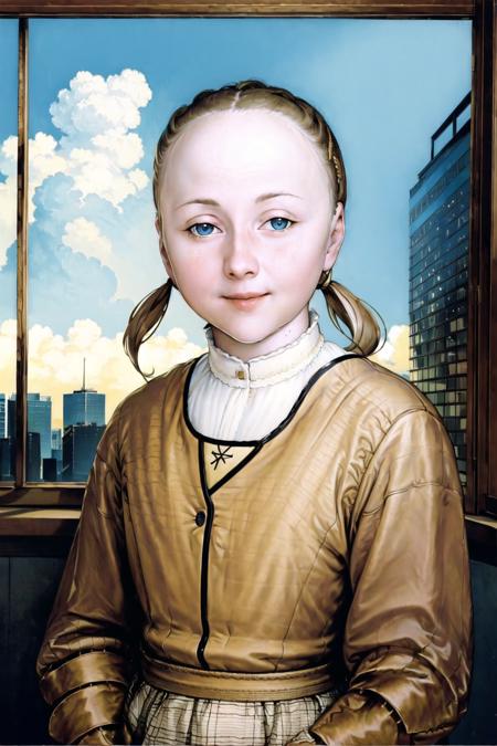 <lora:hhy-000010:.8>,Skyscrapers as background,portrait,young female,upper body,school uniform,golden hair,pigtail,blue eyes,standing,Floor-to-ceiling windows,smile,looking at viewer,1girl,