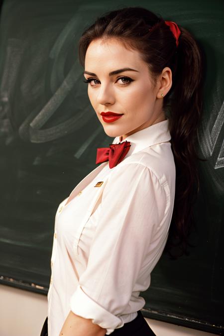 photo of ehurley-1764, a woman, (smug, horny),  ((ponytail):1.1), ((bowtie, shirt):1.2), ((closeup, portrait)), ((classroom, chalkboard):1.2),((red lipstick,eyeliner, eye shadow, blush)), ((best quality, masterpiece, extreme details, high resolution):1.2),((detailed eyes, beautiful eyes, detailed face, beautiful face):1.2)