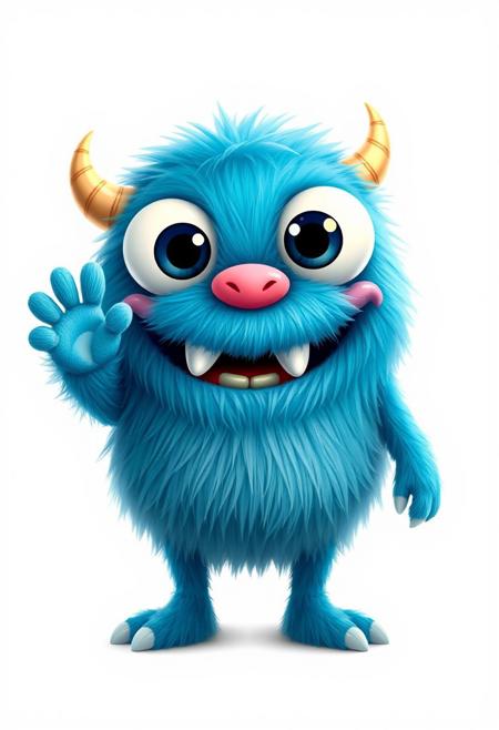 cute adorable, cute, fluffy, blue monster with large, round eyes, small horns, and a wide, toothy smile. The monster should have a friendly and playful appearance, standing on two legs and waving with one hand. The background should be plain white to make the character stand out prominently, creature with large, expressive eyes that capture a sense of wonder and curiosity. The creature's should be soft and illuminate , with shades of white that blend seamlessly with its dark surroundings.