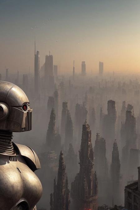 front side view, close-up, fantasy art, surrealism, grim, photorealism, hyger, a row of giant droids standing on a city wall, smog, epic, monumental, cinematic, mesmerizing, fine detail, close-up, dynamic, high detail, HDR, ultraHD, photorealistic