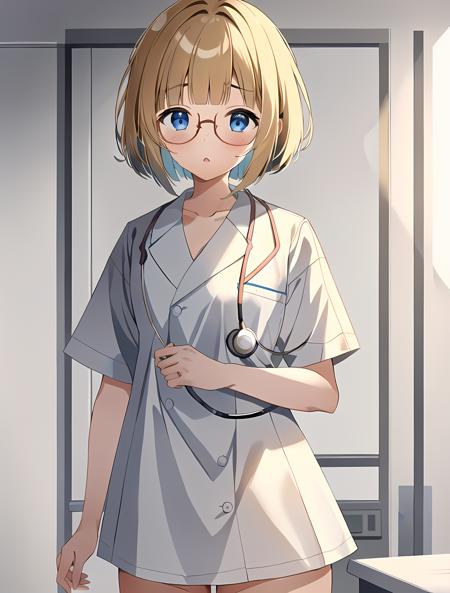 masterpiece, best quality, high quality, labcoat over scrubs, hospital exam room, ((stethoscope)), <lora:LabcoatOverScrubs1_1:0.7> 1girl,(hospital, operating room, infirmiary,clinic),  (kimiko shimoto), <lora:Irene Bradford:0.7> (1girl, 3dcg 05, bangs, blonde_hair, blue eyes, blunt bangs, bob cut, brown hair, brown-framed eyewear, glasses, hair intakes, inverted bob, irene bradford, short hair, small breasts, solo),