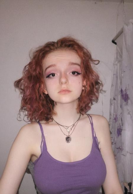 woman, egirl_pfp, makeup
<lora:egirl_pfp:1>, Molly, MJ, auburn hair, greyish violet tank top, violet spaghetti strap tank top, cleavage, polaroid photo, large boobs
