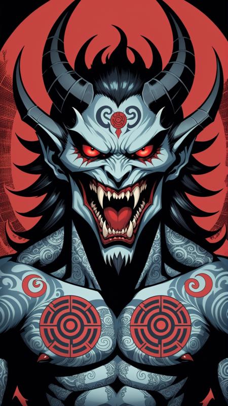 comic Japanese pattern, totem,sharp, demonic entity, looking at viewer, simple background, demon, red eyes, fangs, open mouth, tattoo, demon. graphic illustration, comic art, graphic novel art, vibrant, highly detailed