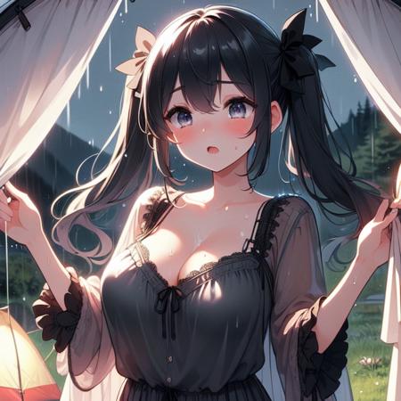 (((masterpiece))),  (((best quality))),  ((camping tent)),  ((open door curtain)),  holding pillow,  ((black frills chiffon pajamas)),  star \(sky\),  (((night))),  ((wind)),  ((raining)),  cleavage,  big tits,  collarbone,  ((sweat)),  ribbon,  twintail,  open mouth,  rosy lips,  shy,  blush,  sleepy,  grass,  gravel,<lora:EMS-272345-EMS:1.000000>