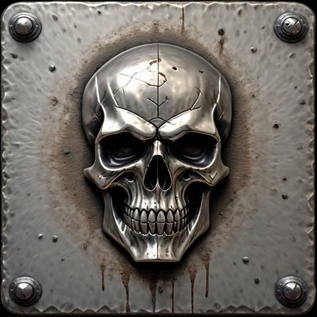hyper-realistic, polished baige-grau steel plate with forged skull on it