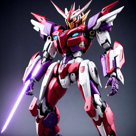 photo (DimensionGundam style:1) red and purple robot standing with a sword <lora:djzDimensionGundamV21:0.6>