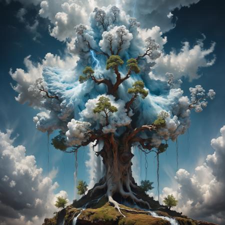 clouds, fluffy gnarly magical tree made out of clouds with static electricity charge,a perfect photography by Andree Wallin,Mark Mann,Marc Simonetti,Albrecht Dürer,wlop,Jeremy Geddes,vibrant colors,intricate artwork masterpiece,impressive,stunning,beautiful,cloudy,fluffy heavenly scenery,amazing depth,hyperdetailed,artistic,nanopunk,surreal waterfall,electric,surreal photorealism,<lora:xl_more_art-full_v1:0.92>,