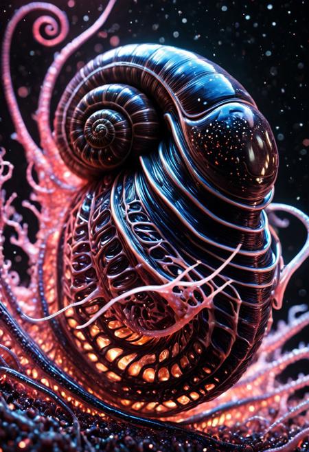 species that looks like a cross between a snail and an alien xenomorph. soul,Alien,highly detailed,sharp focus,,clear,conceptual,High textures,mixed digital art technique,digital painting,extremely smooth,fluid,light particles,alcohol ink,smooth,shimmering,dreamy glow,16k,sf,complex artistic masterpiece,sinister,matte pictorial movie poster,highly detailed,vivid,production cinematic rendering of characters,ultra-high quality model,raytracing,32k uhd, coralbugXL, 3d,