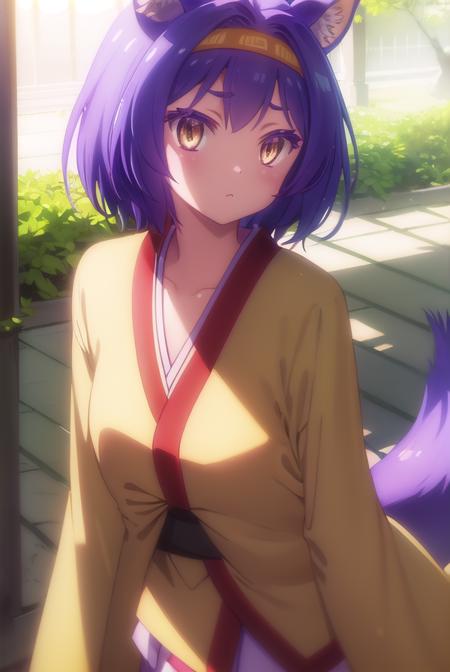 izunahatsuse, <lora:izuna hatsuse s1-lora-nochekaiser:1>,
izuna hatsuse, short hair, animal ears, purple hair, hairband, animal ear fluff, fox ears, slit pupils, (yellow eyes:1.3),
BREAK bow, tail, japanese clothes, wide sleeves, kimono, fox tail, short kimono,
BREAK outdoors, forest, nature, sun, sky, clouds, trees, river, grass,
BREAK looking at viewer, (cowboy shot:1.5),
BREAK <lyco:GoodHands-beta2:1>, (masterpiece:1.2), best quality, high resolution, unity 8k wallpaper, (illustration:0.8), (beautiful detailed eyes:1.6), extremely detailed face, perfect lighting, extremely detailed CG, (perfect hands, perfect anatomy),