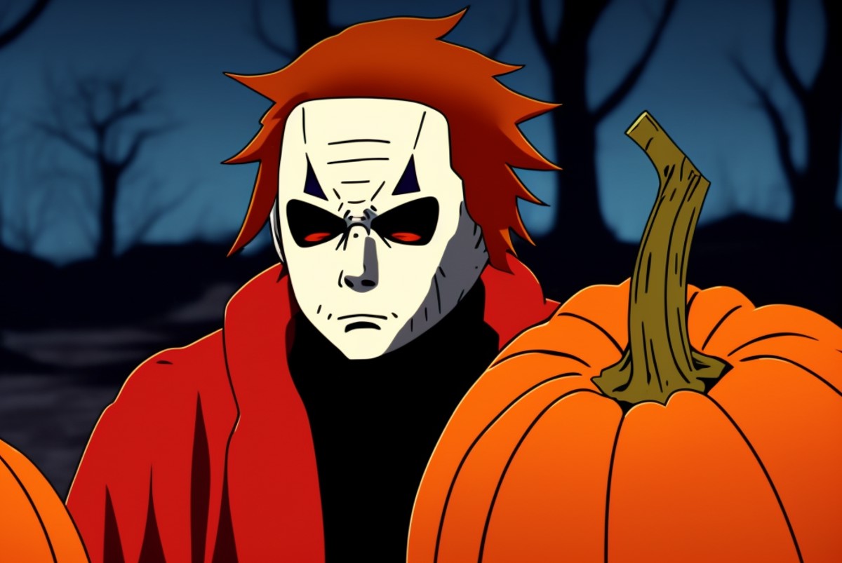 portrait anime style of michael myers, knife, halloween atmosphere, pumpkin,   dvd screengrab from 1980s dark anime film