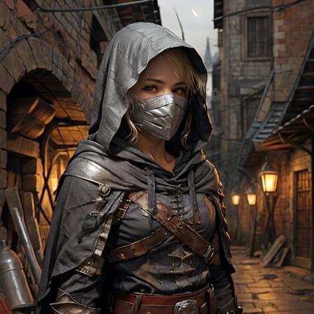 <lora:RPGBandit:1> bandit, 1girl, solo, blonde hair, boots, belt, ((hood)), knife, mask, cape, armor, weapon,  ((medieval alley)), ((night))