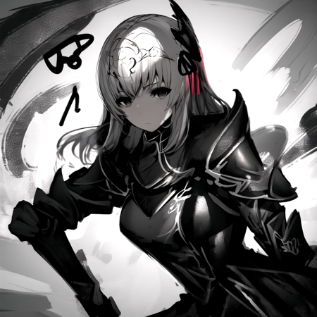 <lora:dark_knight:1.2>, dark, 1girl, face, looking at viewer, chaotic, greyscale, fercious, calligraphy brush, knight, head armor