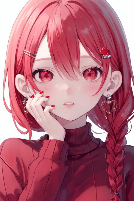 1girl,solo,red hair,portrait,hair ornament,looking at viewer,hair between eyes,earrings,jewelry,braid,parted lips,bangs,red eyes,close-up,white background,hairclip,red nails,sleeves past wrists,long hair,sweater,hand on own face,nail polish,