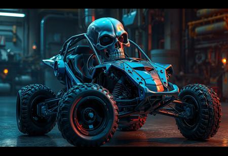 The image depicts a Fossil Machine Skull Buggy in a Machine Conversion Factory, with a dynamic action pose and captivating lighting. Predominantly blue and gray, the buggy features a black seat and wheels, with a super detailed face, eyes, and clothes. The background contrasts with the vibrant colors and sharp lines, making the buggy the main subject of the 4K, highly detailed, octane render image. The composition is impeccable, with a creative angle, attractive background, and balanced editing. The image is trending on Artstation, showcasing intricate futuristic mechanical parts, a grim yet sparkling atmosphere, and cinematic lighting.