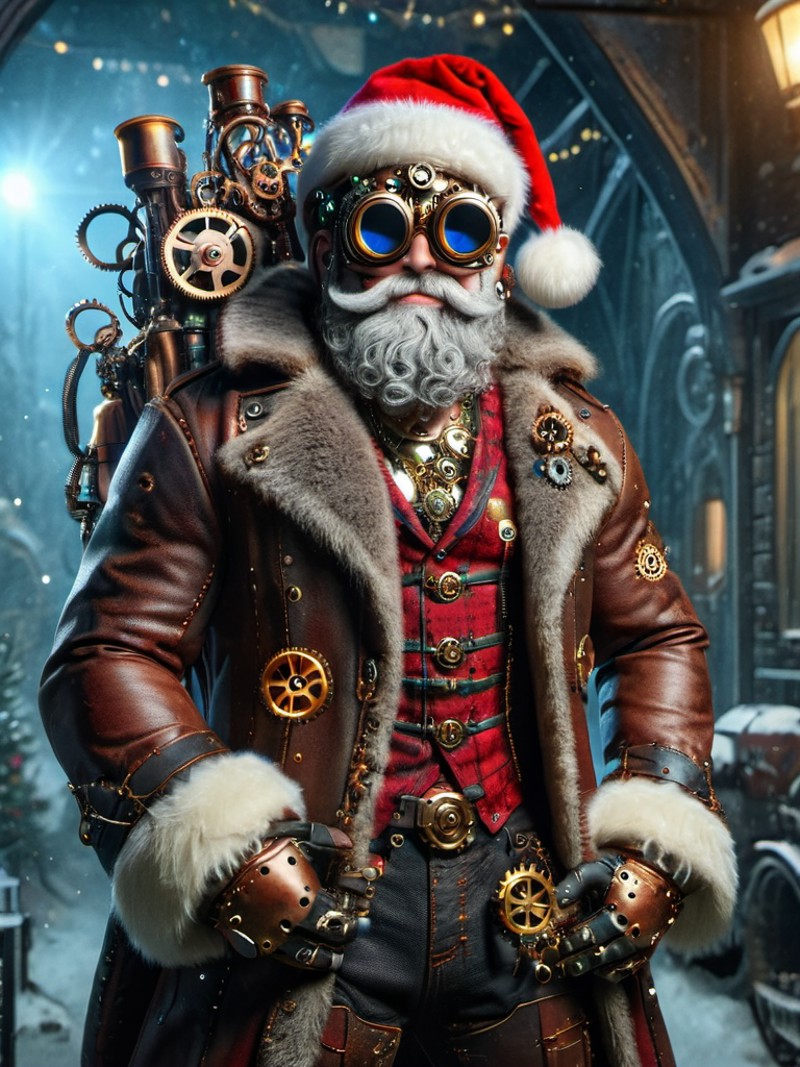 ral-santa, steampunk santa, a santa claus is dressed in steampunk gear, creative and mechanical <lora:ral-santa-sdxl:1>