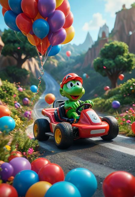 masterpiece, best quality, good quality, very awa, newest, highres, absurdres, ,score_9, score_8_up, score_7_up, novuschroma53 style, art style, photorealistic, cinematic lighting, concept art, octane render, unreal engine 5, Very detailed, vibrant colors, 3d, 
Yoshi in a red kart speeding through a swirling, psychedelic landscape of iridescent balloons and warped surfaces, vibrant colors, dynamic lighting, highly detailed, 8k resolution, cinematic lighting, hyperrealistic