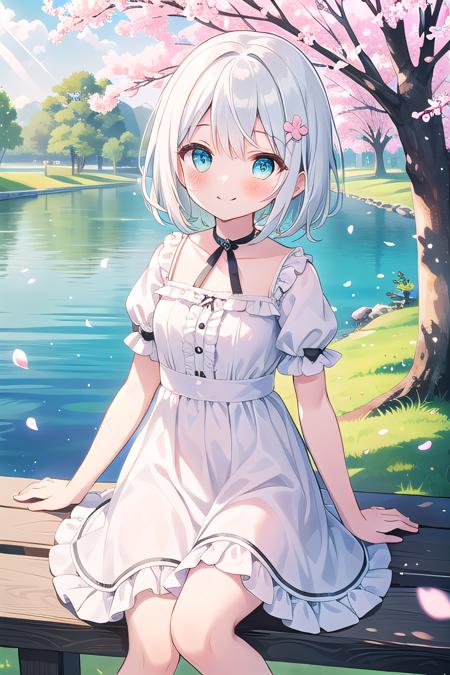 (masterpiece), best quality, outdoors, cherry blossoms, sunlight, lake, dappled sunlight, light particles, light rays, 1girl, blush, smile, medium hair, white hair, aqua eyes, white dress, puffy sleeves, frills