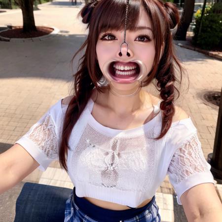 detailed beautiful face,masterpiece,(best quality, Ultradetailed:1.2),beautiful,young girl,  park,T-shirt,skirt,twin tail,open mouth,((face focus)) <lora:photo-nose-mouth:0.8> smile,look down,